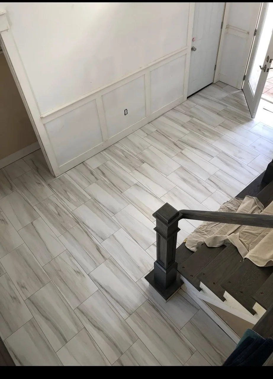 Wood-look flooring installation in a bathroom