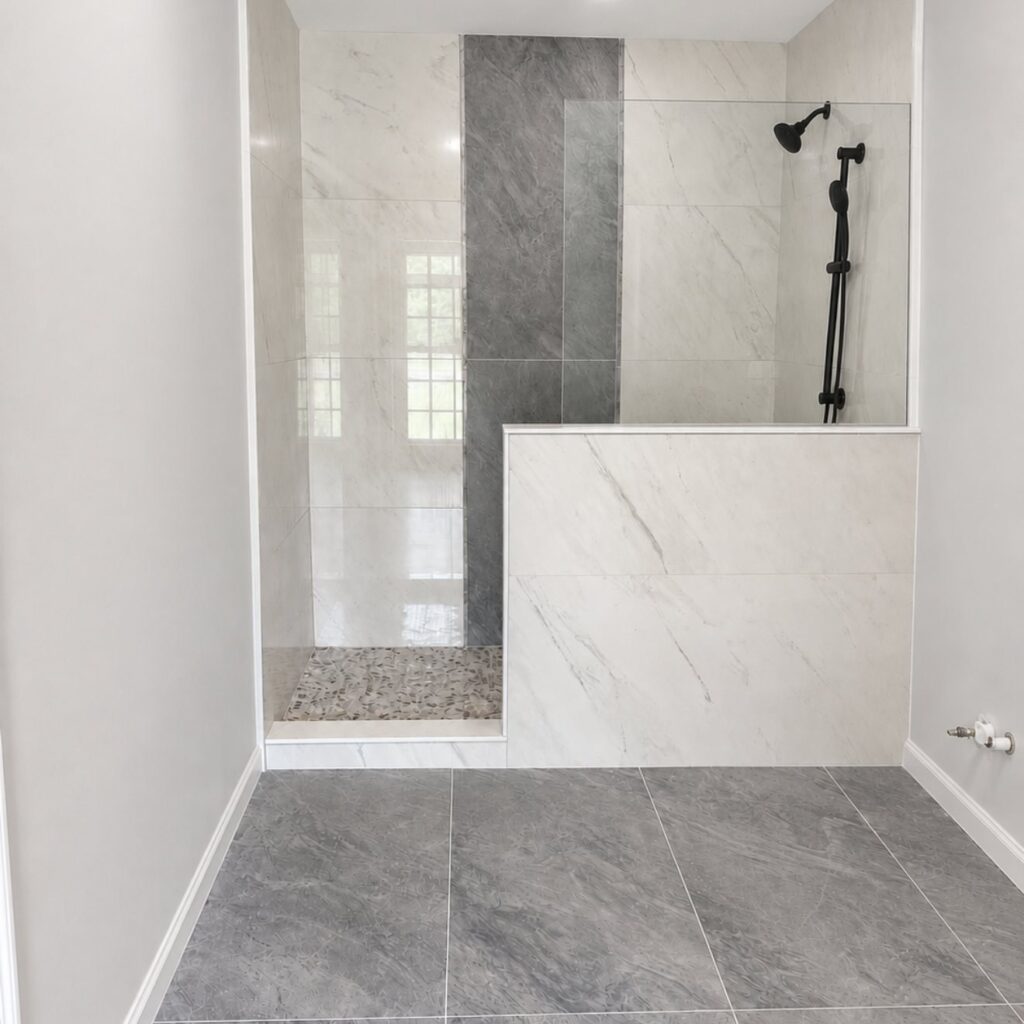 Curbless walk-in shower with large-format porcelain